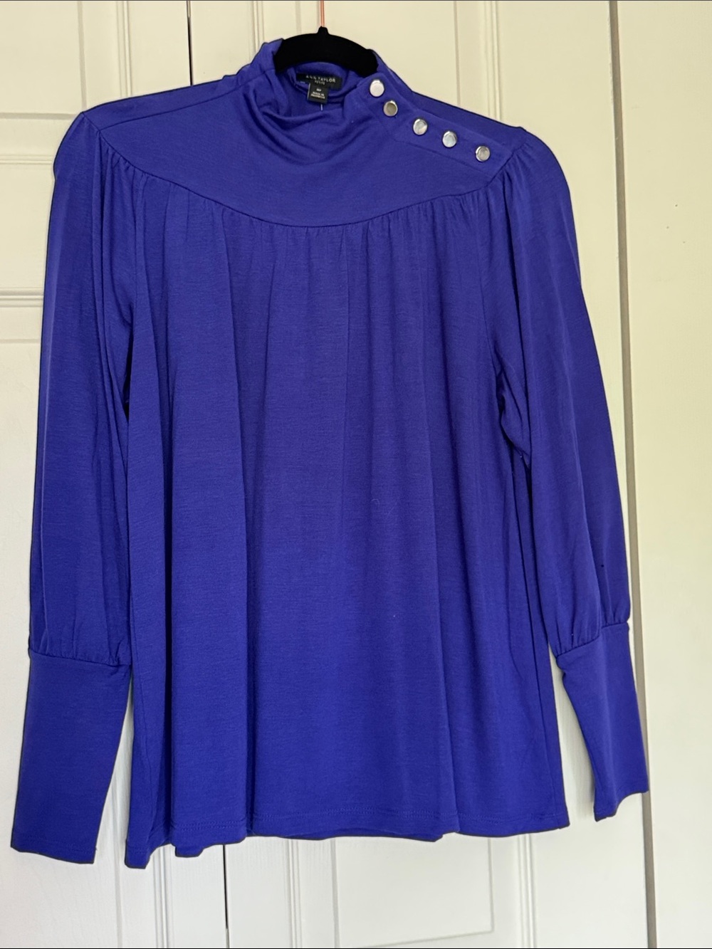 Ann Taylor Royal Purple High-Neck Long Sleeve Top with Shoulder Buttons